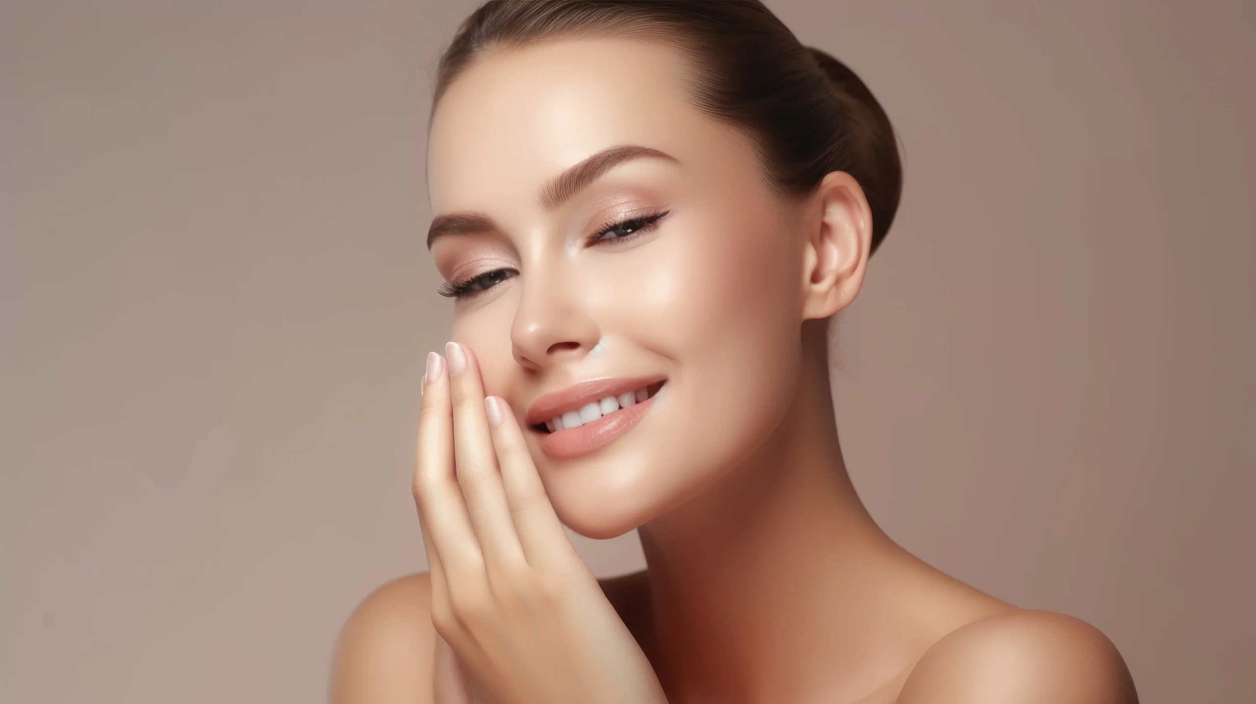 Smiling woman with radiant, smooth skin, showcasing the results of advanced skincare treatments.