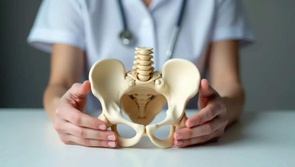 medical professional holding a pelvic bone model to explain pelvic floor health