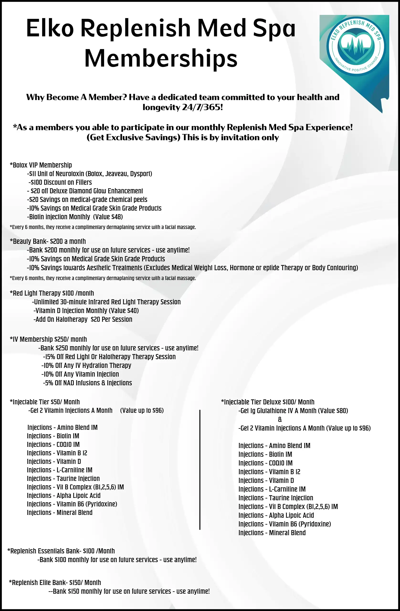 Elko Replenish Med Spa memberships for wellness and aesthetic savings