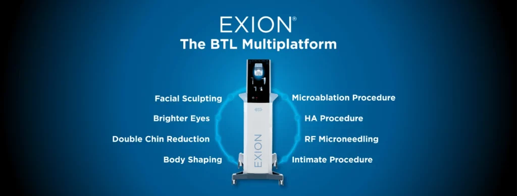 EXION aesthetic device offering RF microneedling, microablation, and HA treatments.