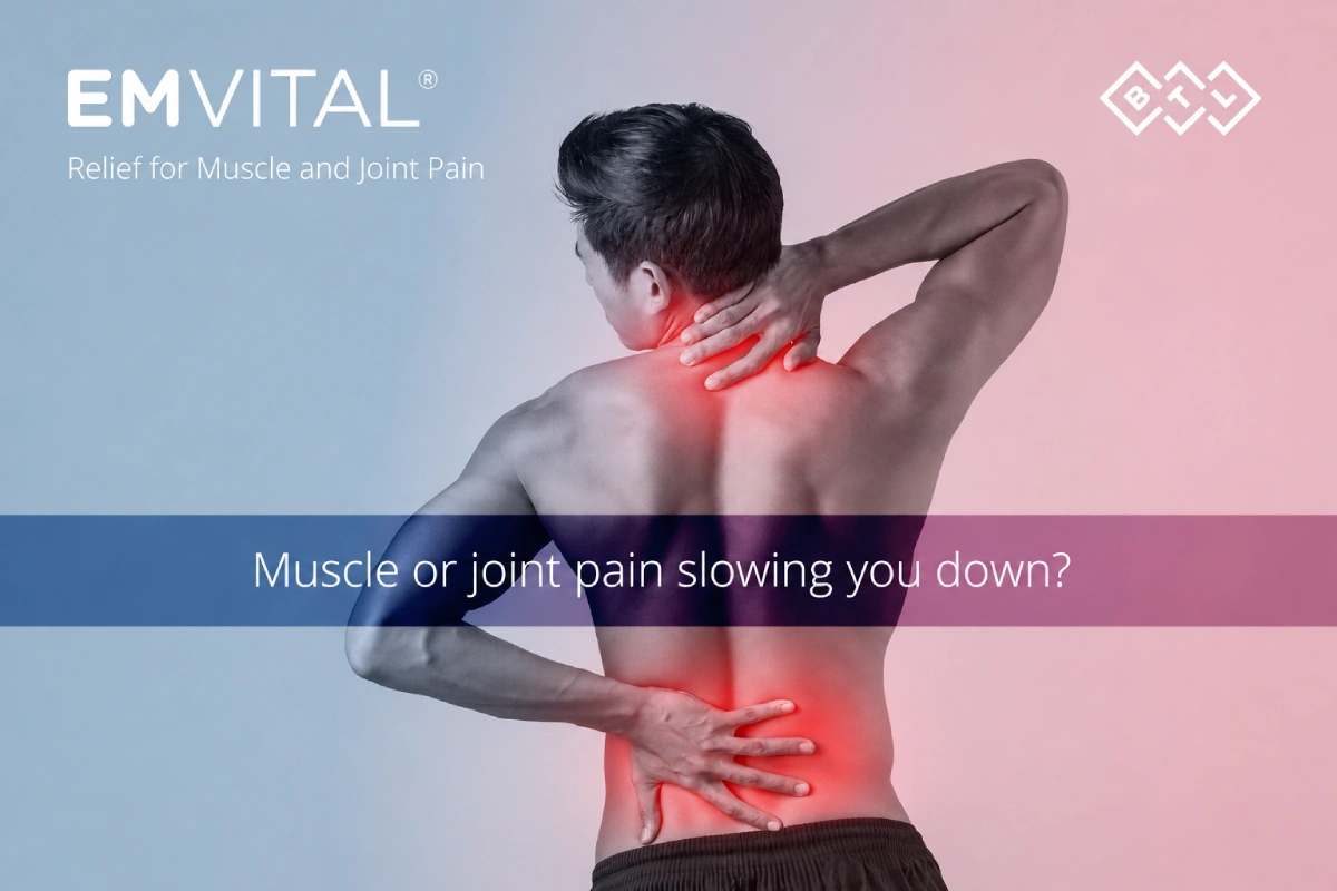 Person holding their neck and lower back to illustrate muscle and joint pain with EmVital laser therapy for temporary pain relief, improved circulation, muscle relaxation, and functional rehabilitation.